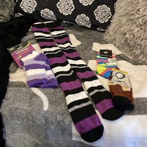 Lot of 4 ankle novelty socks & thigh high striped socks